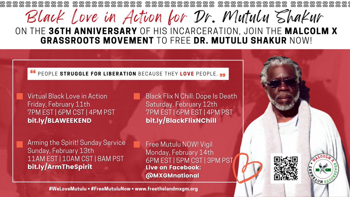 Donate to support Dr. Shakur’s fight for freedom mutulushakur.com/paypal/.

Then join <a href="/MXGMNational/">Free The Land! By Any Means Necessary!</a> &amp; the #FreeMutuluNOW campaign this weekend for the ‘Black Love in Action for Dr. Mutulu Shakur’ weekend of action! (linktr.ee/FreeMutuluNow)