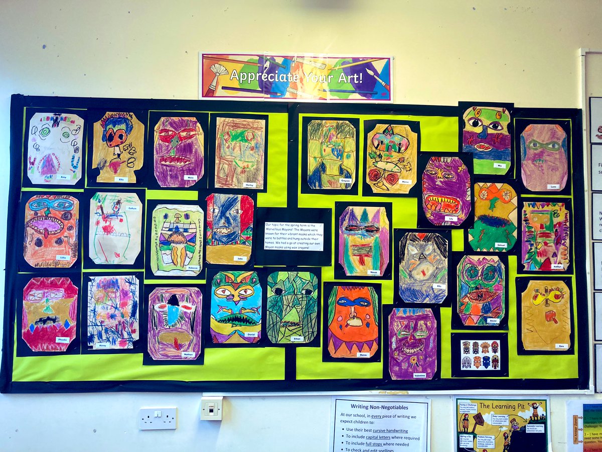 WoodingdeanPS's tweet photo. Wow what stunning Mayan masks from year 3! The Mayan people wore these masks to battles &amp; hung them outside their homes #mayanmasks #creativity #primaryart #Year3 #bethebestyou https://t.co/OFLveLuKH6