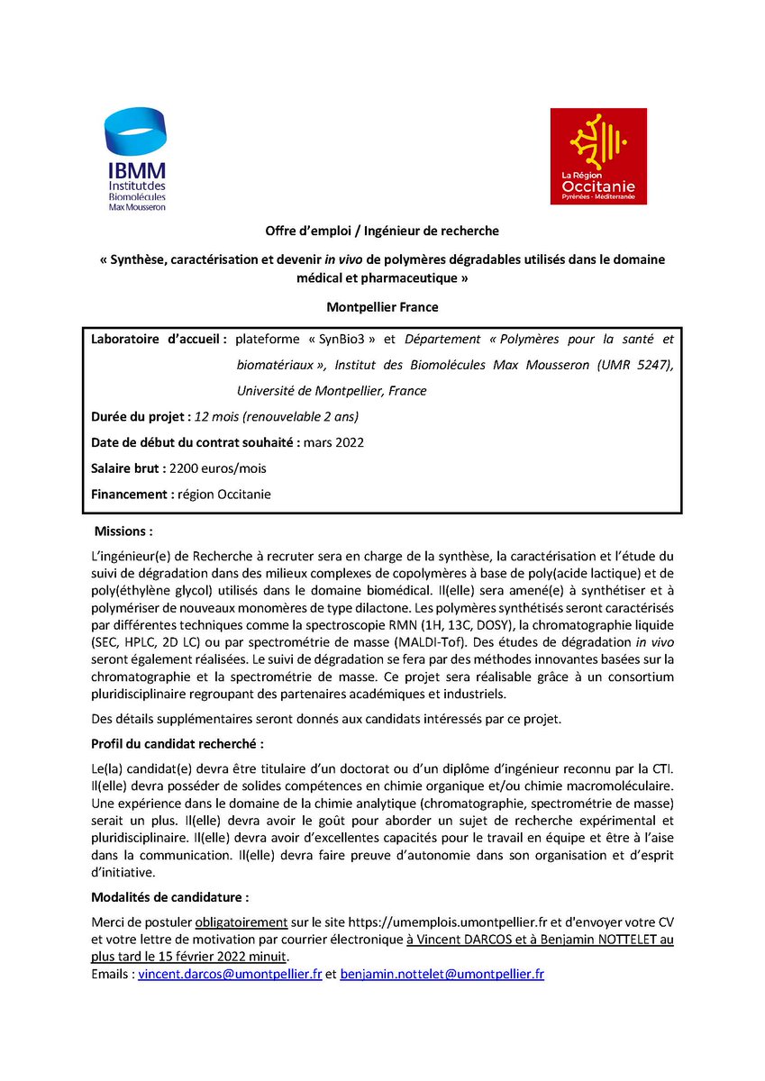 Vincent Darcos (@vincentdarcos) on Twitter photo "Research Engineer" vacancy in organic and polymer chemistry / only a few days left to apply"
#jobalert #polymerchemistry #OrganicChemistry <a href="/CNRS_OccitaniE/">CNRS Occitanie Est</a> <a href="/cnrs/">CNRS 🌍</a> <a href="/BiopolymerTeam/">IBMM - Polymers for Health and Biomaterials</a> <a href="/gfpolymeres/">@GFPolymeres</a> <a href="/reseauSCF/">Société Chimique de France (SCF)</a> "Research Engineer" vacancy in organic and polymer chemistry / only a few days left to apply"
#jobalert #polymerchemistry #OrganicChemistry <a href="/CNRS_OccitaniE/">CNRS Occitanie Est</a> <a href="/cnrs/">CNRS 🌍</a> <a href="/BiopolymerTeam/">IBMM - Polymers for Health and Biomaterials</a> <a href="/gfpolymeres/">@GFPolymeres</a> <a href="/reseauSCF/">Société Chimique de France (SCF)</a>