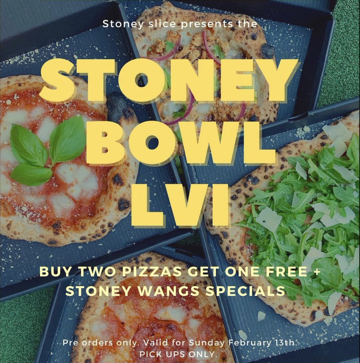 stoneyslice's tweet photo. What’s a Super Bowl without Stoney’s pizza &amp; wangs? NOTHING. Pre-orders only so place your request now! 😬🍕 https://t.co/jJd4XxoyUA
