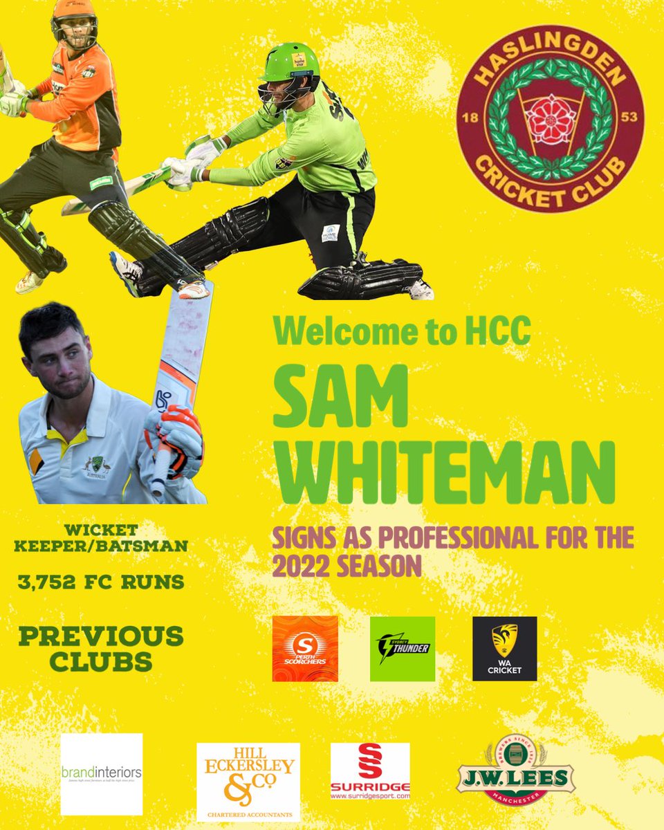 HaslingdenCC's tweet photo. Haslingden Cricket Club is happy to confirm the signing of Sam Whiteman as professional for the 2022 season 🏏

Sam is an English born Australian cricketer currently contracted to Western Australia and Sydney Thunder 🤩 https://t.co/3ffpXVrxZS