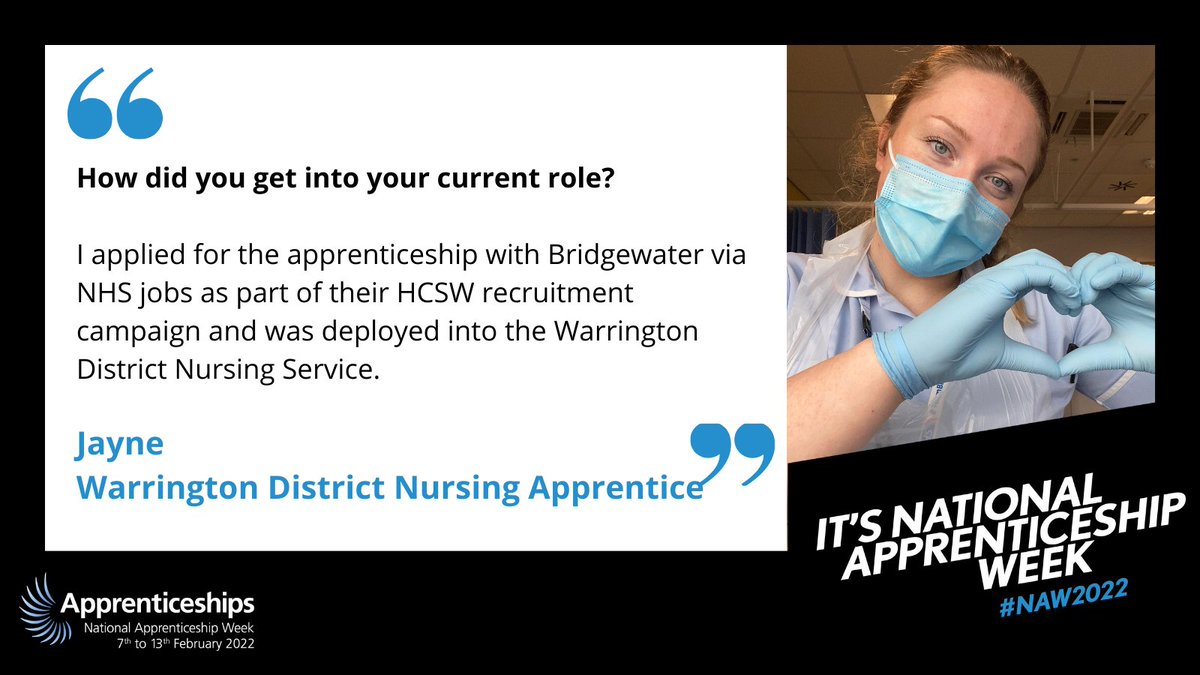 Meet Jayne 👋 Jayne is a Level 3 Healthcare Support Worker Apprentice in our #Warrington District Nursing Service ✍️ Find out how she got into her current role in the image below 💙 #NAW2022 @BWApprentices