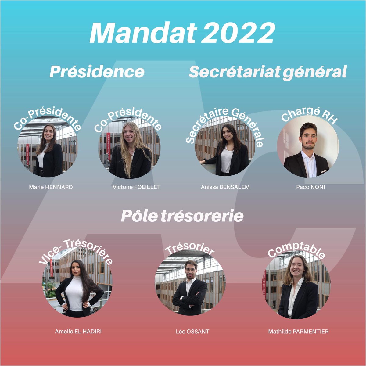 Le 1er février a eu lieu la passation officielle pour l’équipe d’Ausone Conseil. ✅
Voici la nouvelle équipe, plus motivée que jamais.
Sous la supervision de nos 2 co-présidentes, le secrétariat général et la trésorerie gèrent la vie interne de la JE.
#Ausone22 #WeAreJE