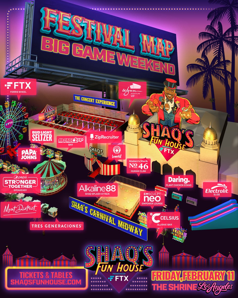 ShaqsFunHouse's tweet image. 🎪 Get ready to kick off Big Game Weekend at Shaq's Fun House Presented by @FTX_Official !   Huge thank you to all our partners in helping us create the most Over-the-Top event of Big Game Weekend!  @FTX_Official, @ZipRecruiter, @PepsiStronger, @Budlight Seltzer,