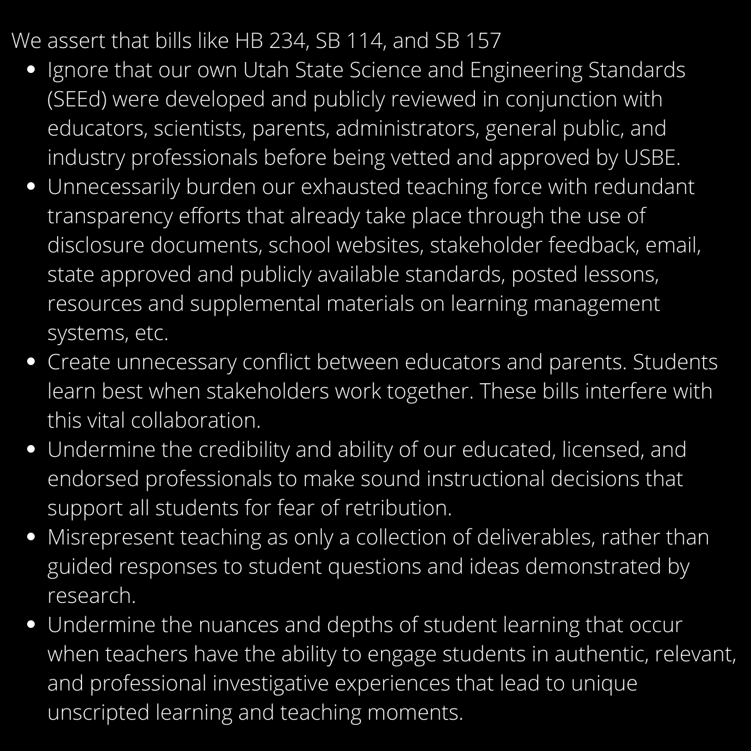 UtSciTA's tweet photo. As you are aware, education has again been under the spotlight of the Utah Legislature. This is UtSTA's position statement. Find your legislator by visiting https://t.co/287zKHWkMG #UtSciEd #utahteacher #scienceeducation https://t.co/JMiJIv7BOK