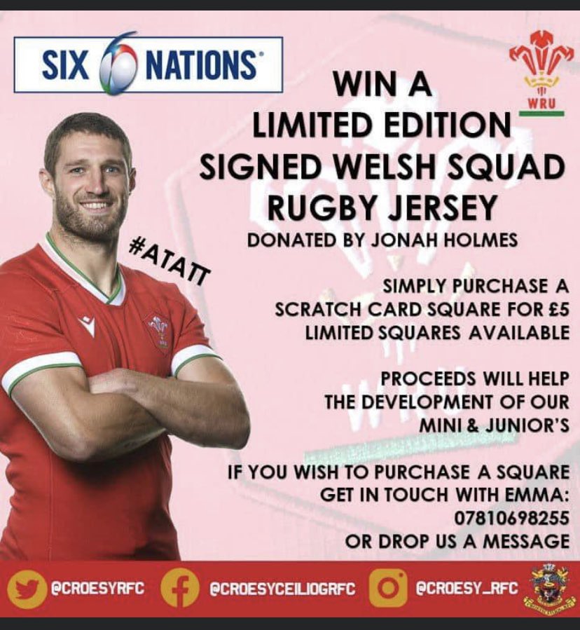 🏴󠁧󠁢󠁷󠁬󠁳󠁿🏉🏴󠁧󠁢󠁷󠁬󠁳󠁿Win Welsh Signed Jersey🏴󠁧󠁢󠁷󠁬󠁳󠁿🏉Be in with a chance of winning a signed limited edition The Welsh Rugby Union squad jersey, donated by Jonah Holmes. Proceeds will help support and develop our mini &amp; junior sections. If you wish to get involved, please get in contact. £5 a square