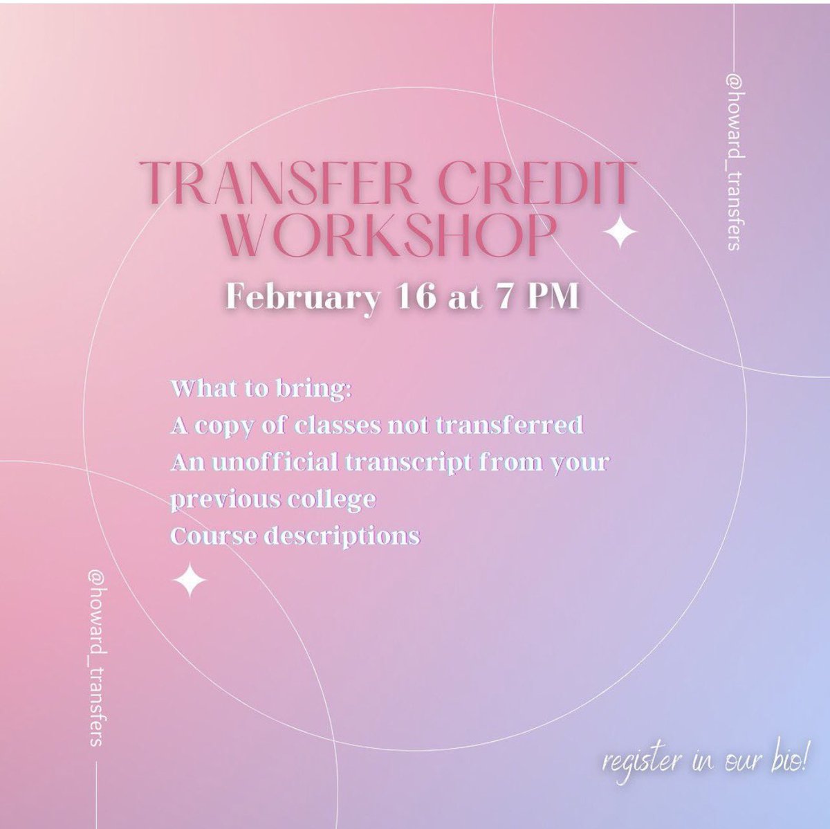 HuImprint's tweet photo. 🚨CALLING ALL TRANSFER STUDENTS

Transfer Students’ Association is hosting a credit workshop on February 16th at 7PM! Use the link below to register! https://t.co/vPOIciJiLa
