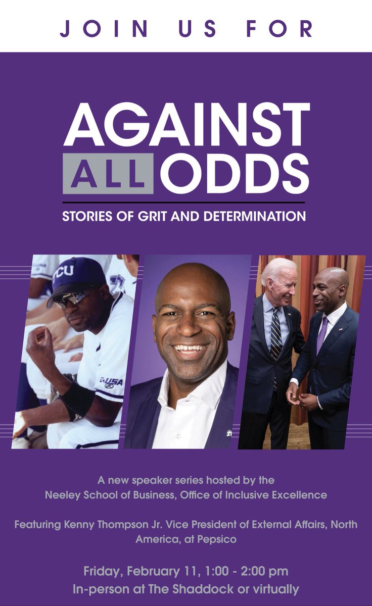There’s still time to register for this virtual event tomorrow, February 11th at 1p.

This series, hosted by the <a href="/NeeleySchoolTCU/">TCU Neeley School of Business</a>.

Register for #AgainstAllOddsTCU today!  neeley.tcu.edu/Page/Against-A… 

#careergoals #NeeleySchool #DiversityandInclusion #Equity #TCU #Pepsico #GoFrogs