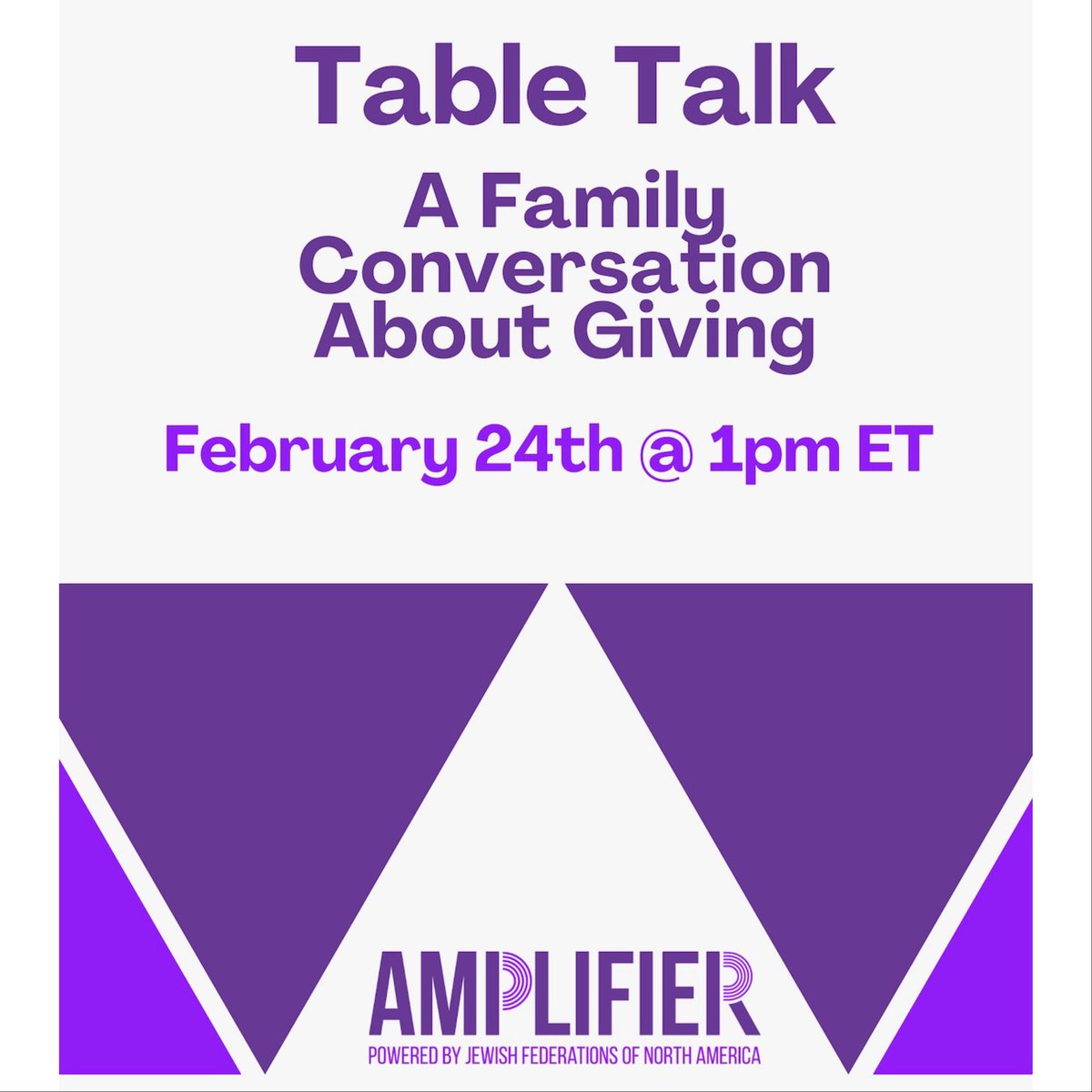 AmplifierGiving's tweet photo. Amplifier has a new guide that takes families and friends through a discussion about philanthropy. Learn how to support these discussions using our Family Conversation About Giving toolkit, created with the Jewish Future Pledge. Join us on 2/24 @ 1pm ET. Sign up in bio! https://t.co/xq0g1CWr9O