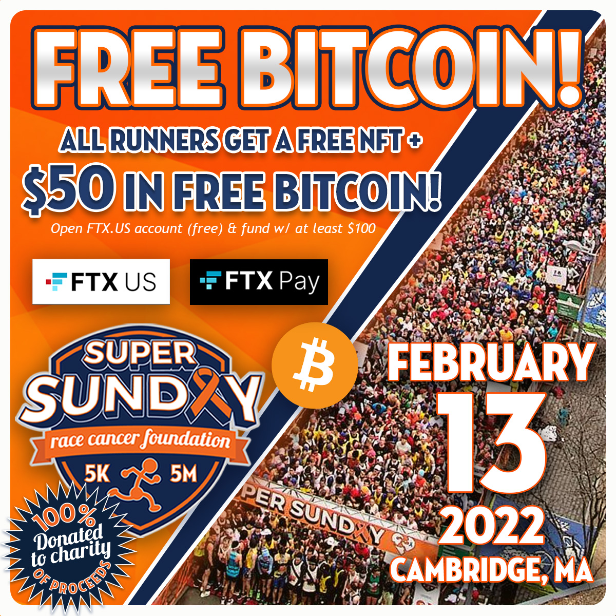 We're thrilled to partner w/ <a href="/FTX_Official/">FTX</a> for Super Sunday! All runners get a free, limited edition NFT, &amp; funded accounts also get $50 in #Bitcoin ! Plus our runners can pay for upcoming events w/ crypto b/c <a href="/racemenu/">RaceMenu</a> now offers FTX Pay. #probablynothing #wagmi