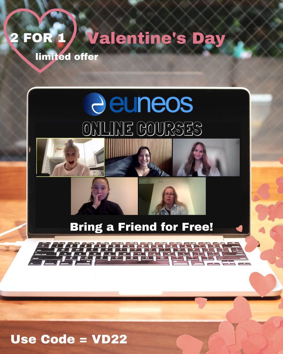 Give Your Friend a Valentine’s Day Treat! Euneos FI offers top online courses to 2 persons at the price of 1. Our limited offer is valid from 10-15 February 2022. Click, check &amp; register using code VD22 on Euneos’ website euneoscourses.eu