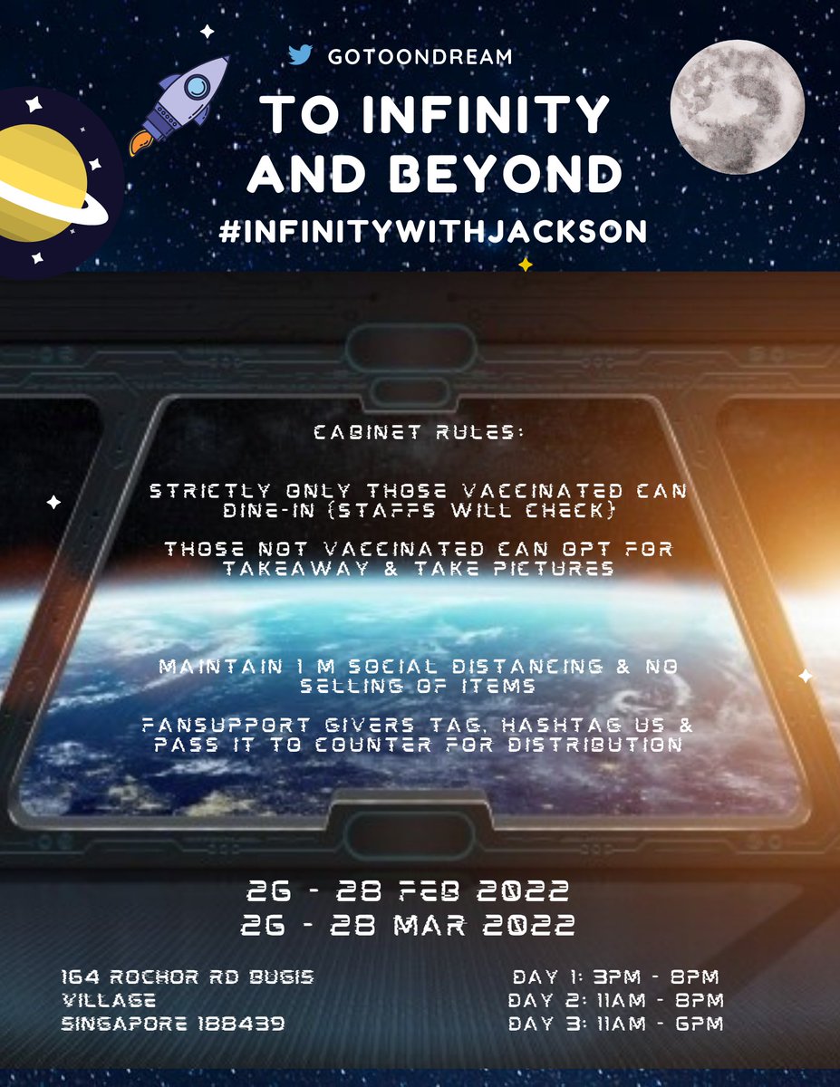 GOTOONDREAM's tweet photo. 🚀Jackson's Space 🚀

📅26-28 Feb 2022 (Part 1)
📅26-28 Mar 2022 (Part 2)
🛰️Ice Lab

For more details about timings &amp; gifts, refer to posters.

#InfinitywithJackson #GOT7 #GOT7FOREVER  #JAYB #MarkTuan #JacksonWang  #Jinyoung  #Youngjae #bambam #Yugyeom #갓세븐 https://t.co/J2RjLqm5R3