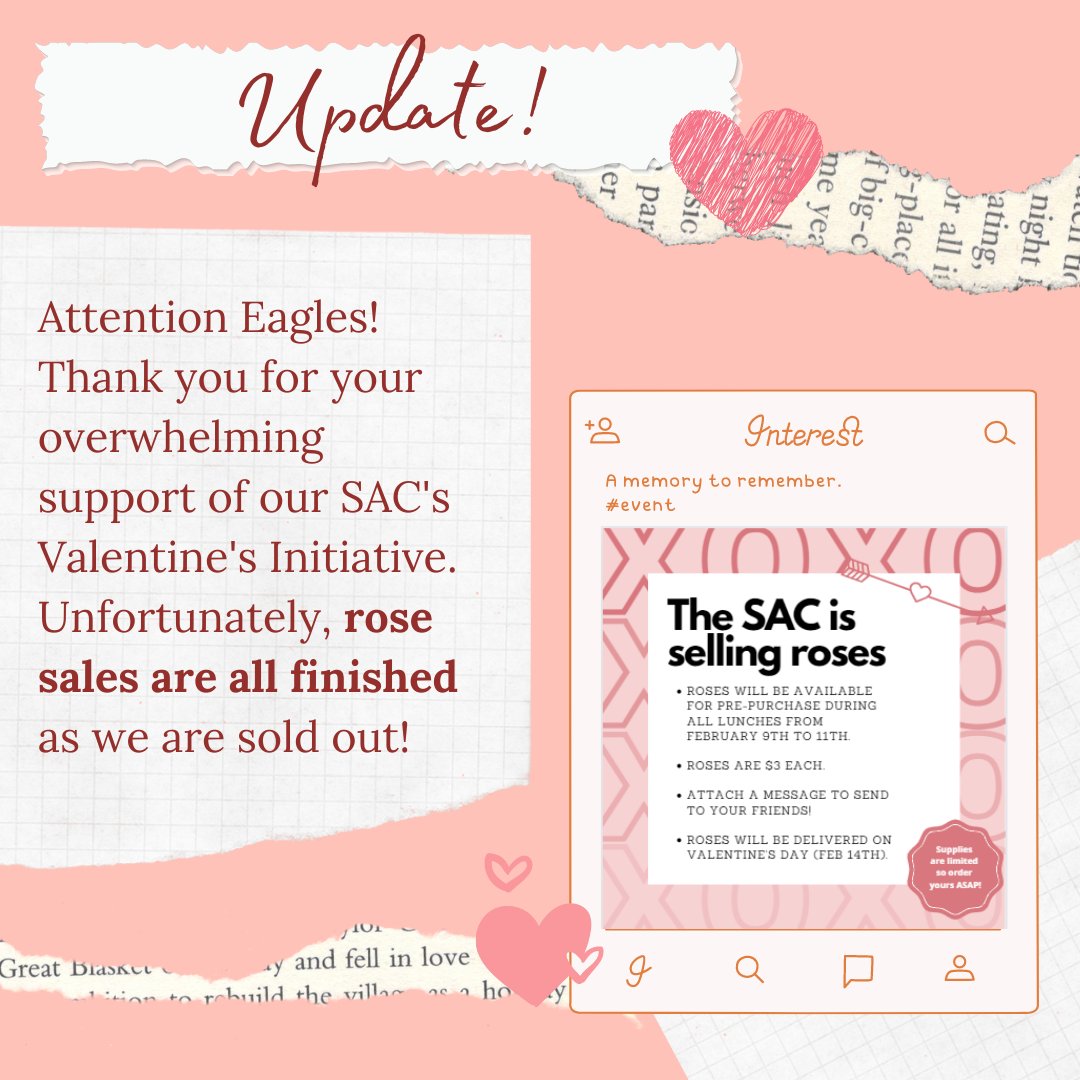 bressaniSAC's tweet photo. Attention all eagles!  Unfortunately, we will not be selling roses at lunch tomorrow because we are all sold out!  Thank you for all of your support in our initiative!  Stay tuned for more details about Valentine's Day.  We look forward to delivering the roses! https://t.co/lClMQ8RcSY