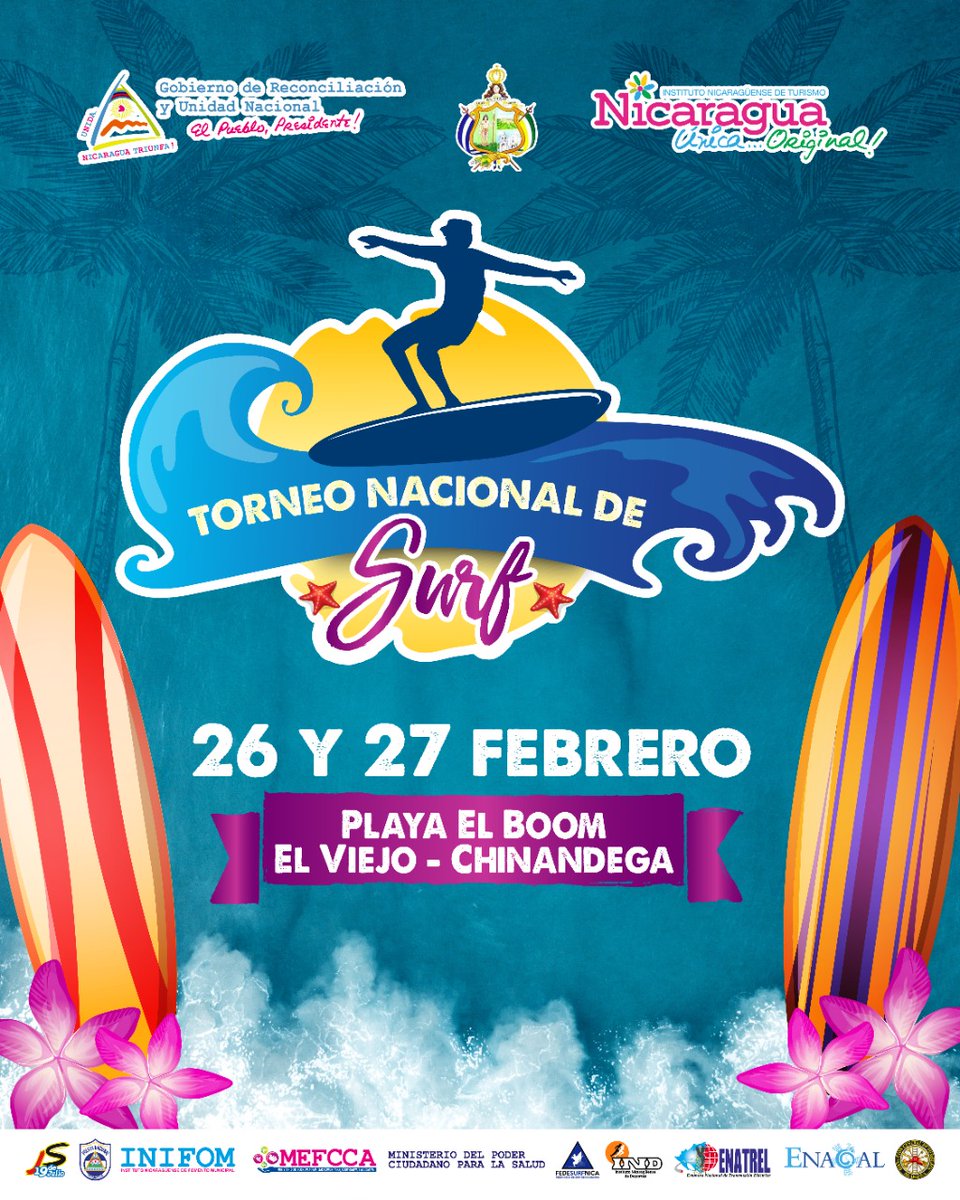 Para todos los amantes del Surf en #Nicaragua, se viene el primer torneo nacional del año 2022, en la Playa El Boom en  El Viejo - Chinandega. 
🏄‍♀️🏄‍♀️🏄‍♀️🏄‍♀️🏄🏽‍♂️🏄🏽‍♂️🏄🏽‍♂️🏄🏽‍♂️