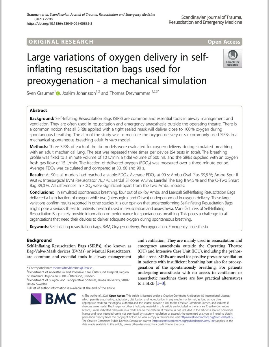 LaViaAerea's tweet photo. Diferentes #BVM entregan diferentes fracciones inspiradas de oxígeno (#FiO2) durante la ventilación espontánea como en la VPP
Aquí un estudio publicado en el #SJTREM que compara 6 distintos modelos; el enlace lleva el trabajo completo de libre acceso.
https://t.co/lLMMMkSQQu https://t.co/OpHkju0ukv