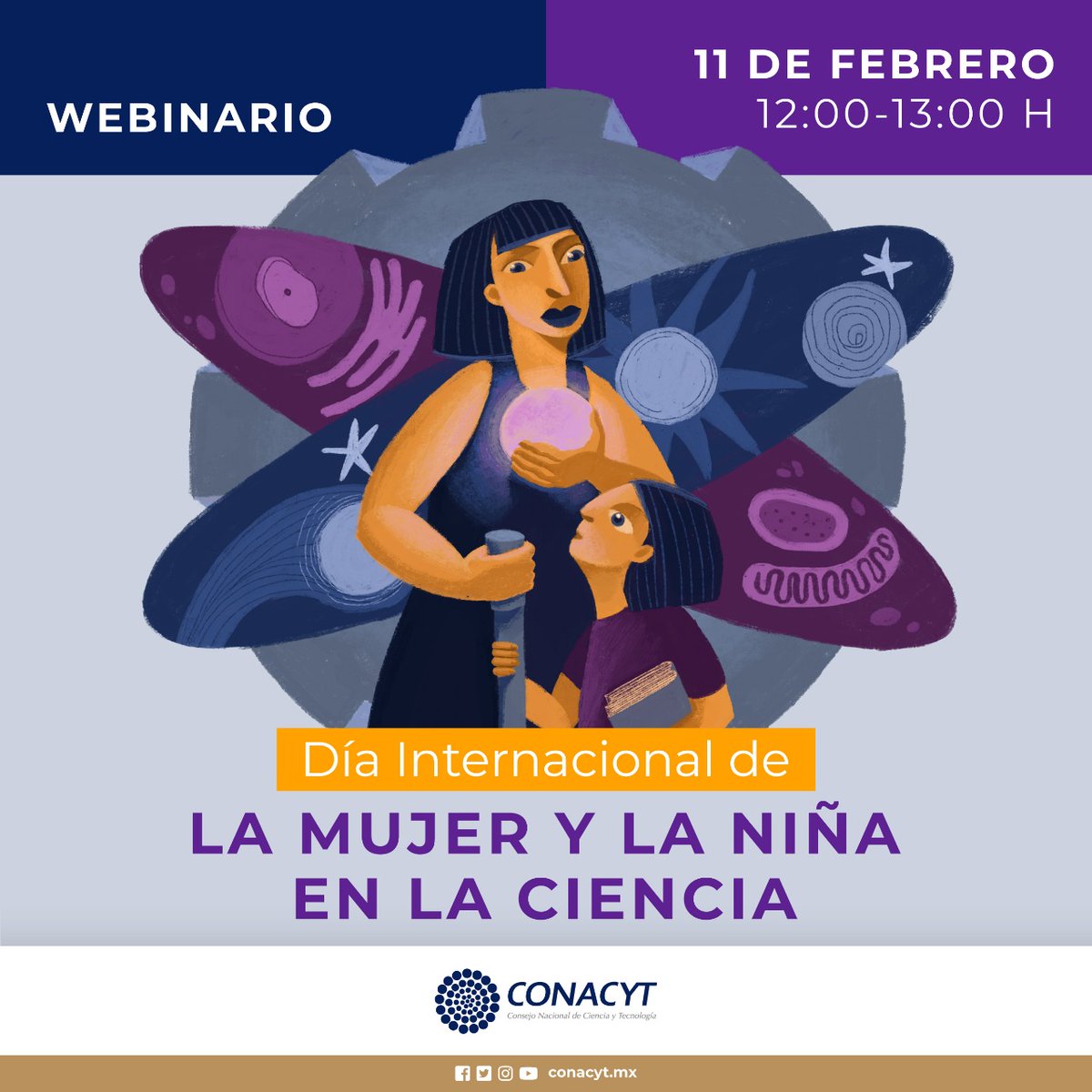El Conacyt invita a participar en el webinario con motivo del Día Internacional de la Mujer y la Niña en la Ciencia, a través de FBLive y YouTube ▶️ bit.ly/3gw7fgL 
🕰️12:00 h
 📅Viernes 11 de febrero