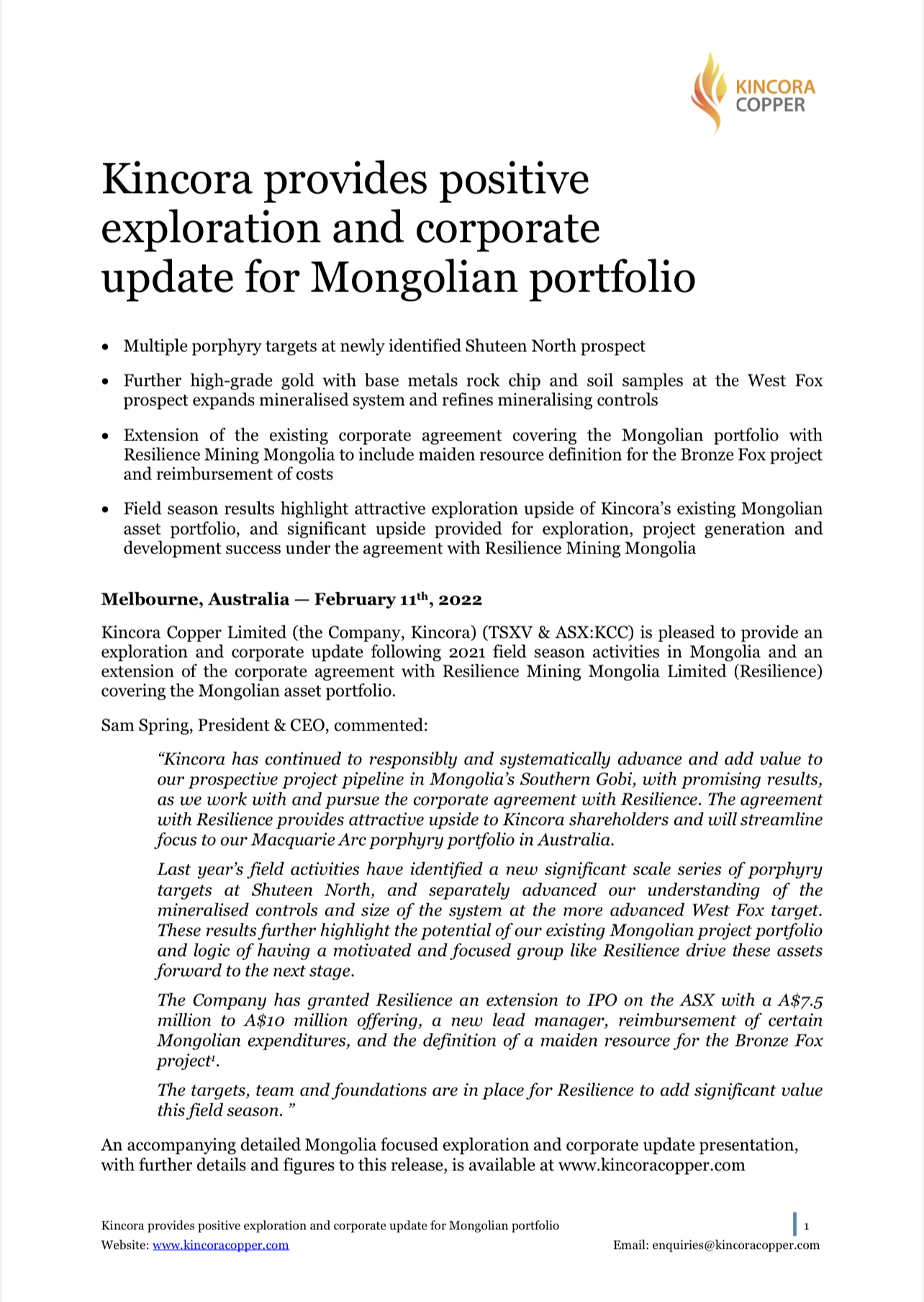 Kincora Copper Limited on Twitter "News Kincora provides positive