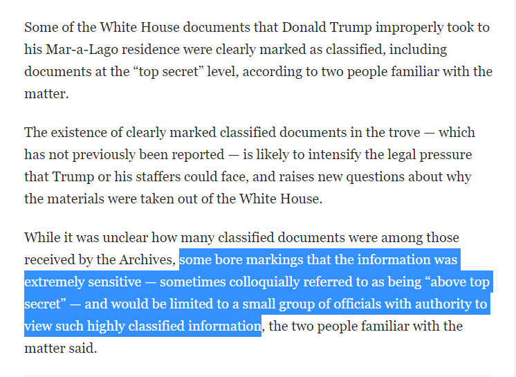 ZhiZhuWeb's tweet photo. "The existence of clearly marked classified documents in the trove... is likely to intensify the legal pressure that Trump or his staffers could face, and raises new questions about why the materials were taken out of the White House."
#TrumpPapers
https://t.co/y5fyH05Gy5 https://t.co/W6lrurTpUH