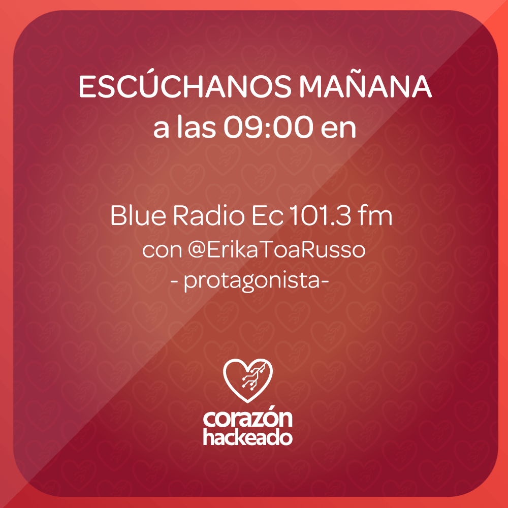 CorazonHackeado's tweet photo. Mañana estaremos en:
✨Blue Radio EC 101.3 fm a las 09:00
@erikatoarusso nos cuenta sobre Corazón Hackeado 👾🤖 ❤️
..
..
#comediaromantica #elamorentiemposdealgoritmo #amor #amordigital #corazonhackeado #imántransmedia #historiasmagnéticas https://t.co/t44TvLIJ18