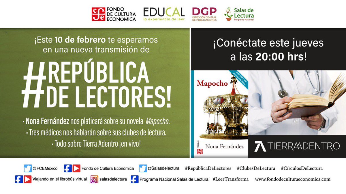 Les esperamos en una nueva transmisión de #RepúblicaDeLectores a las 20 hrs. 📚
Nona Fernandez nos hablará sobre Mapocho, conoceremos Clubes De Lectura muy especiales y charlaremos sobre Tierra Adentro.

📍Facebook: facebook.com/10159231148587…

📍Youtube: youtu.be/_-ckRBpv9qA