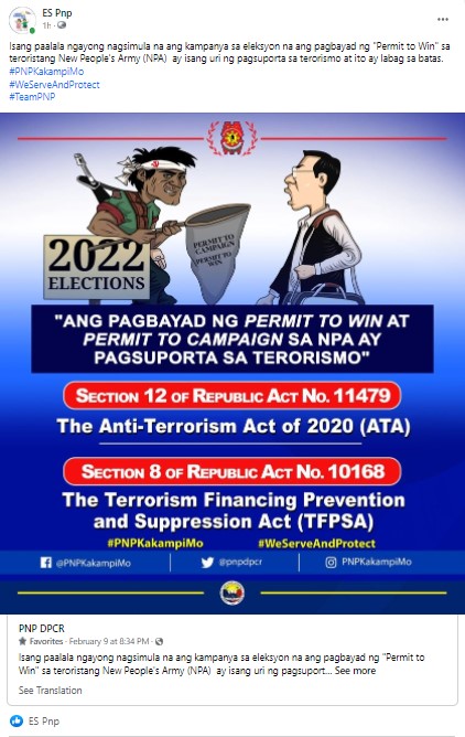 pnp_es's tweet photo. Do Not Fund VIOLENCE!
Do not pay Permit to Win and Permit to Campaign to the NPA
#PNPKakampiMo 
#ToServeandProtect
#TeamPNP https://t.co/s6i807JtzY
