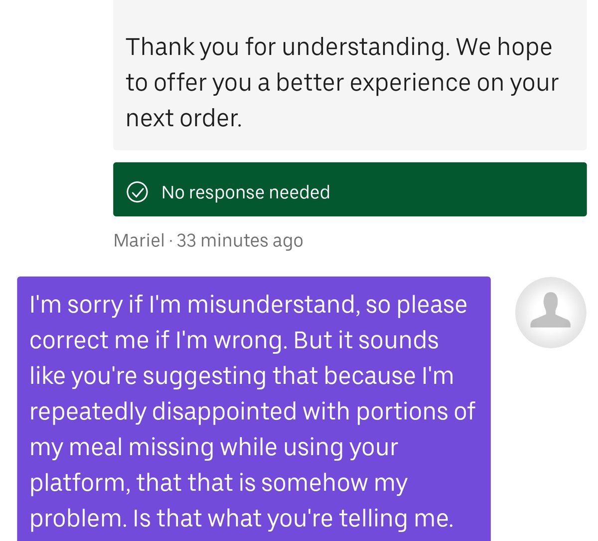 Desiowene's tweet photo. Fed up (🥁) with @UberEats

I paid for premium &amp; priority, &amp; then didn't get a whole entree. Had to order somewhere else

And their official response was basically,
"We mess up your delivery too much, and don't want to refund you anymore"

Thx for lmk ur unreliable
#Unsubscribed https://t.co/7Kq1mnA3db