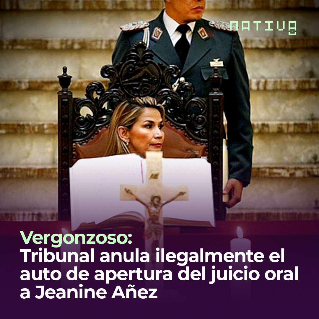 NativaBolivia's tweet photo. #Bolivia 🇧🇴

El Tribunal primero de Sentencia Anticorrupción de La Paz, mediante una chicana legal, suspendió la audiencia de inicio del juicio oral de Jeanine Añez, el Alto mando Policial y el Comandante de la Policía en 2019 por el caso GOLPE II. 

🔗 https://t.co/dSuwa5Ctnq https://t.co/NpKljAnw2y
