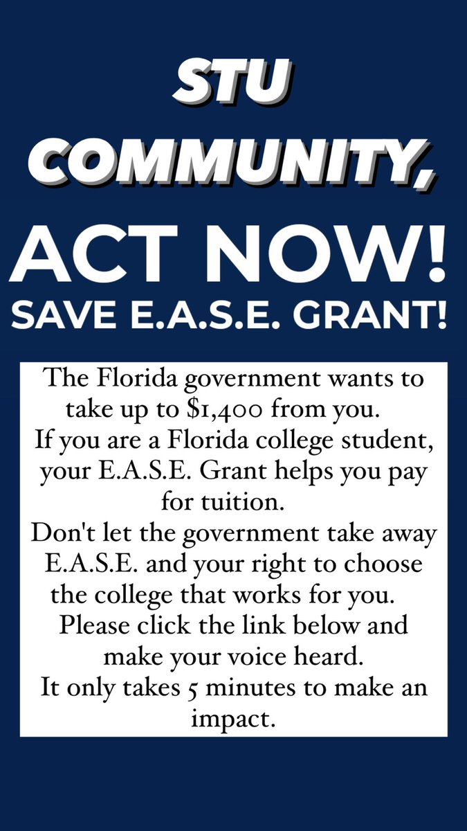 StThomasUniv's tweet photo. STU Community,
Please visit https://t.co/QqXTE7nGRT
In less than 5 minutes you can add your voice to a chorus of concerned Floridians advocating for our students and their futures
#STUMiami / #SaveEASE / #EASE https://t.co/ebmoeomhPc