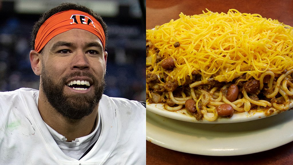 AroundTheNFL's tweet photo. Bengals TE C.J. Uzomah vows to swim in Cincinnati chili if team wins Super Bowl

https://t.co/prmr9Ai1Ec https://t.co/XzkPLoZoiz