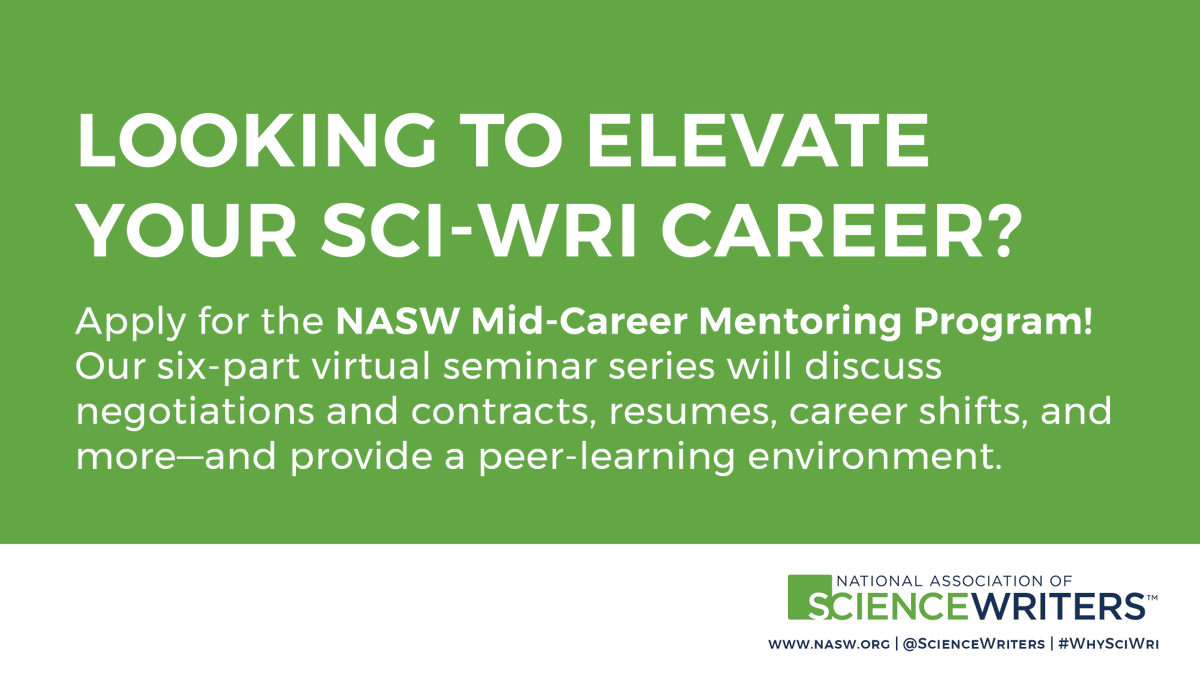 NASW Members: Missed out on our first-ever Mid-Career Mentoring Program this spring? Videos from our training arc are now available to watch! With speakers @A_Mascarelli @lilaguterman @Arboreal_Laurel @rkhamsi @MustLoveScience and more. Log in to watch: nasw.org/midcareer
