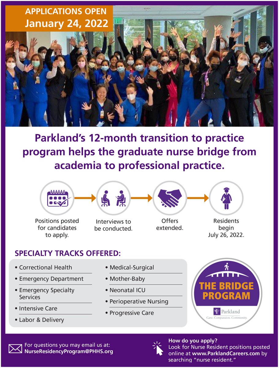 Parkland's tweet image. Applications are now open for Parkland&apos;s Nurse Residency program. The program begins on July 26. For more information, please email nurseresidencyprogram@phhs.org.