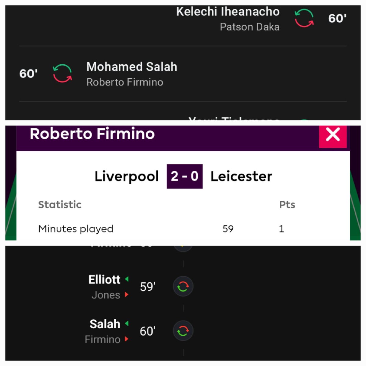 TheRealLoomertz's tweet photo. 2 apps show Firmino was subbed in the 60th minute which is 2 points  but the FPL app shows 59th minutes @OfficialFPL  please correct this https://t.co/RA5DbNys1W