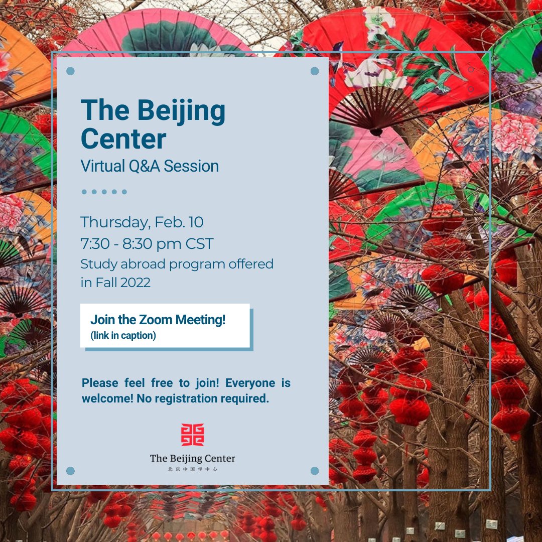 Check out this awesome opportunity to learn more about The Beijing Center! 🇨🇳
We hope to see you online TODAY at 7:30 pm CST!
Zoom Link: 
bit.ly/3HKmejk

If you have any questions or concerns while connecting to the Zoom, please email: studyabroad@marquette.edu
