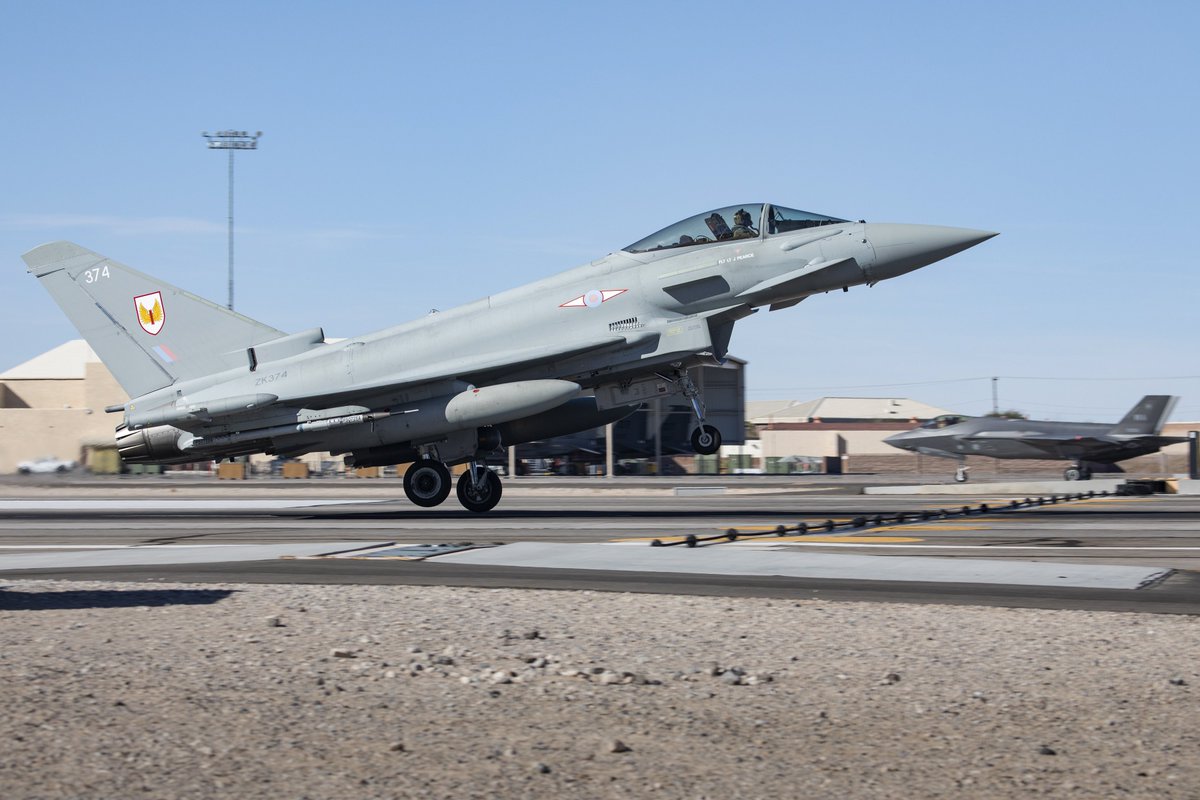 Defense_Imagery's tweet photo. January 2022: RAF Typhoons from 1 Fighter Squadron RAF Lossiemouth participate in exercise Red Flag-Nellis 22-1 at Nellis Air Force Base in Las Vegas, Nevada. (RAF photo, Cpl. Nicholas Egan) #raf #airforce #redflag #nellis https://t.co/mOosqJWDTc