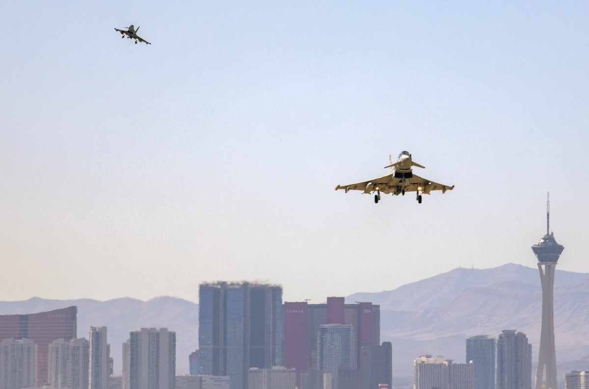 Defense_Imagery's tweet photo. January 2022: RAF Typhoons from 1 Fighter Squadron RAF Lossiemouth participate in exercise Red Flag-Nellis 22-1 at Nellis Air Force Base in Las Vegas, Nevada. (RAF photo, Cpl. Nicholas Egan) #raf #airforce #redflag #nellis https://t.co/mOosqJWDTc