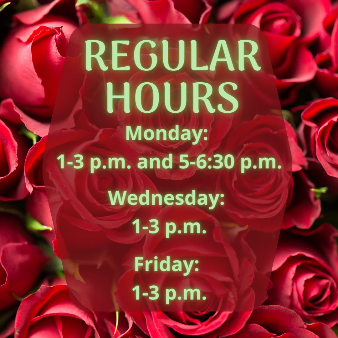 FirstPantry's tweet image. 🌹 Regular Hours🌹

Monday
1-3 p.m.
5-6:30 p.m.

Wednesday
1-3 p.m.

Friday
1-3 p.m.

❣️We have slightly adjusted our Wednesday hours. We will now be open 1-3 PM EVERY Wednesday❣️