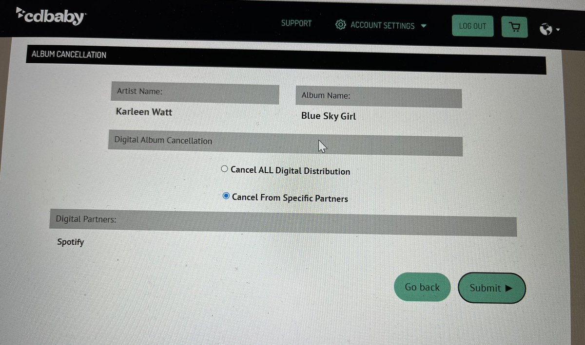 Bye bye <a href="/spotify/">Spotify</a> !! Not that I’m a huge draw, but you won’t be making any more pennies off of my album. ✌️#PaySongwritersWhatTheyreWorth