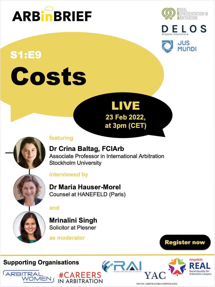 Careers in Arbitration is pleased to support ARBinBRIEF.

S1:E9 will feature Maria Hauser-Morel interviewing <a href="/BaltagCrina/">Crina Baltag</a> on costs with Mrinalini Singh as moderator.

Be part of the live audience on February 23, 2022 at 15:00 CET.

🔗 lnkd.in/eMhkKikc