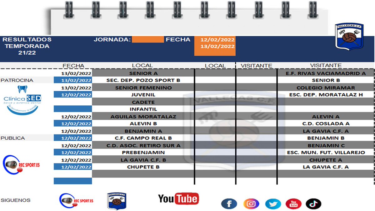 VallecasCF's tweet photo. 🚨JORNADA DE FUTBOL🚨
Estos son los partidos que tenemos este fin de semana.
Mucha suerte a todos nuestros jugadores y equipos.
#FAMILIAVALLECAS #RecSport #FútboldeBarrio #VallecasCF https://t.co/qPUKNLNm7Q