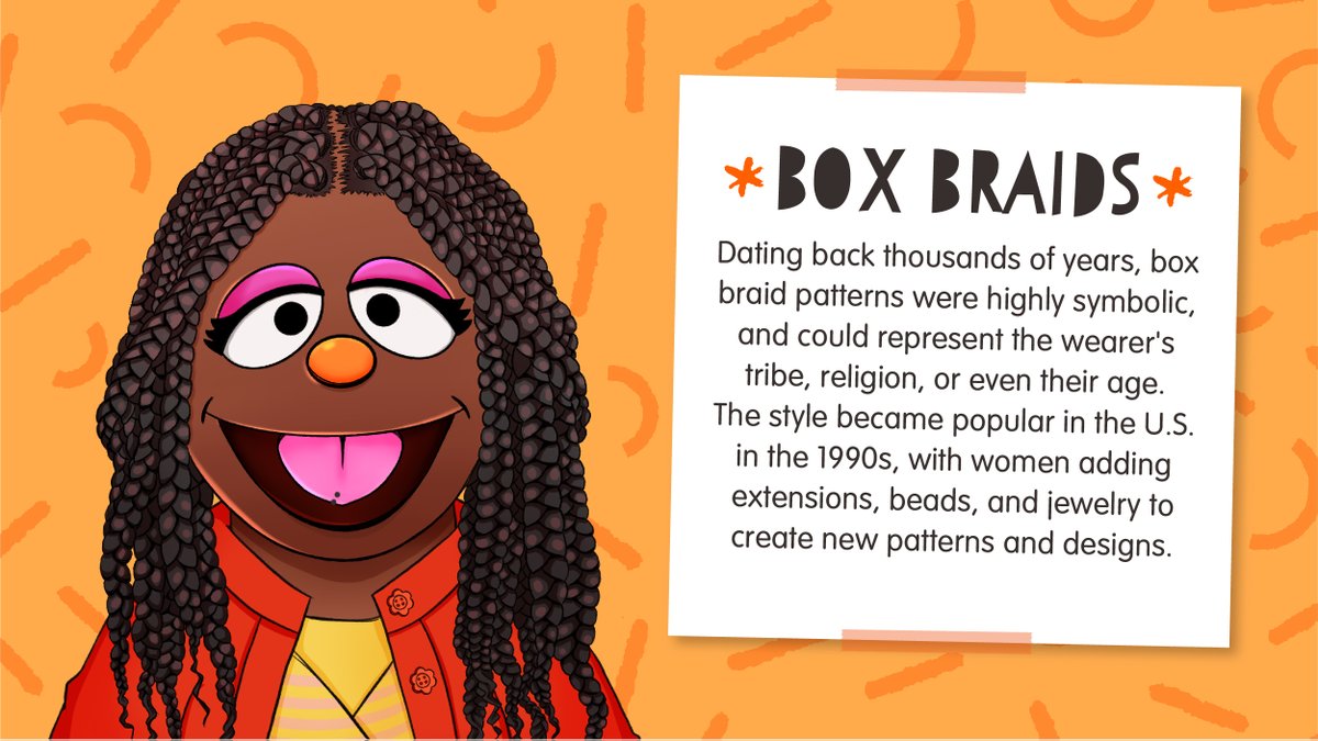 sesamestreet's tweet photo. Hair is often a personal expression of who we are. The styles tell the stories of our culture and heritage, with many reflecting historical traditions. This #BlackHistoryMonth, join us as we explore the history of several styles, starting with box braids! https://t.co/BhP7l8taMK