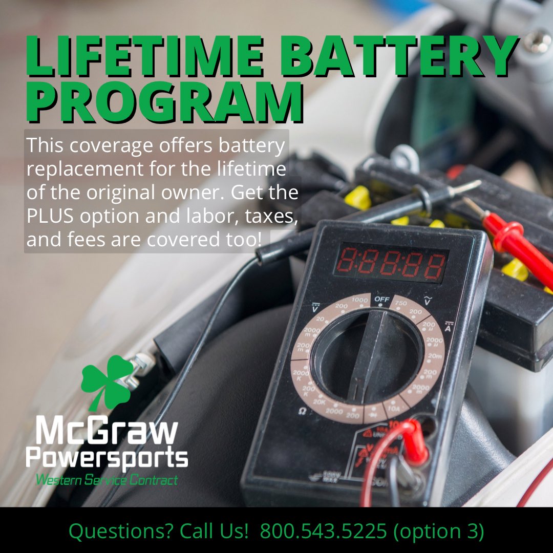 Don’t let a dead battery spoil your ride! Whether you opt for the traditional lifetime battery coverage or select our super popular PLUS plan, McGraw has you covered!

#ridewithmcgraw #mcgrawpowersports #motorcycle #PersonalWatercraft #pwc #atv #utv #Sxs #Battery