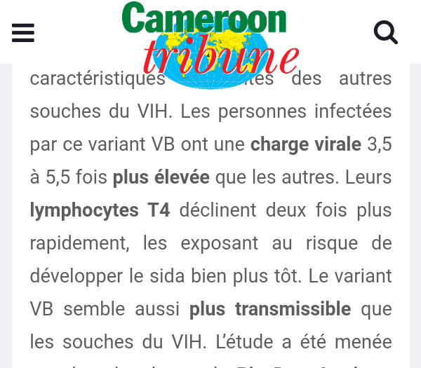 Llcooljax1's tweet photo. VIH: Un new variant "démasqué" en Europe. Aux Pays-Bas. 
<< VB >>, plus virulent, a une charge virale 3,5 à 5,5 fois plus élevée que les autres, provoque un déclin jusqu'à 2 fois plus rapide des lymphocytes T, cellules responsables de l'immunité cellulaires. (Cameroon tribune) https://t.co/LT9FqWMidS