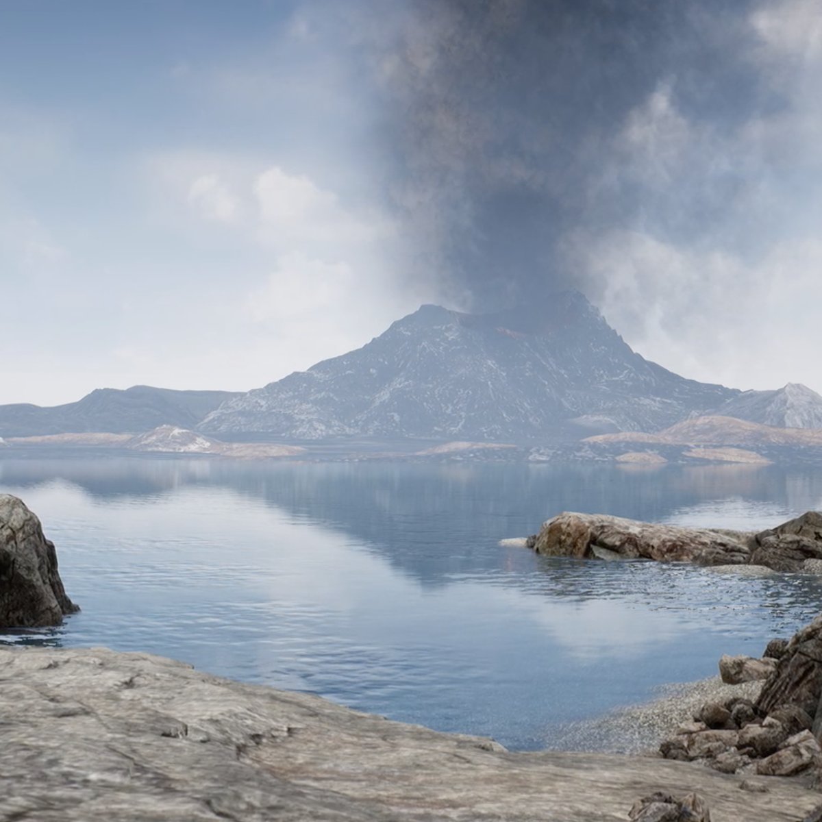 Landscape with rocks, a lake, and a volcano in the background