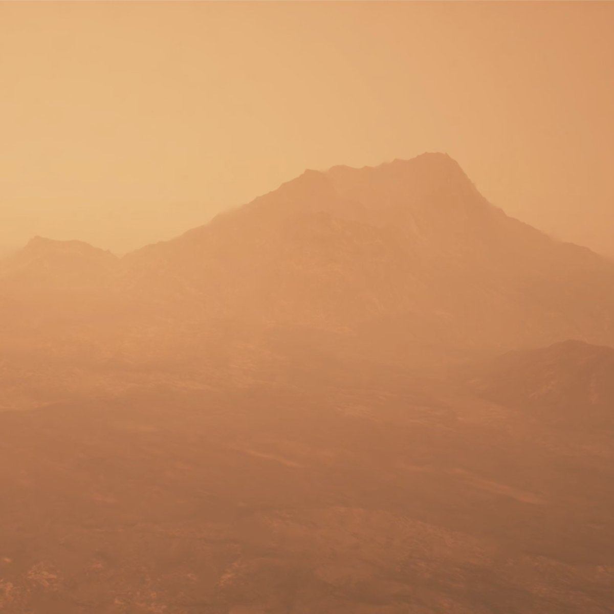 Yellow and hazy landscape with a volcano