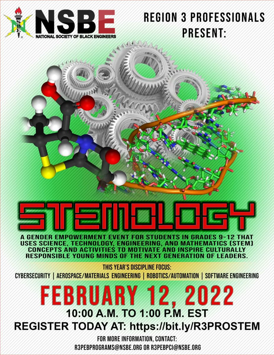 Are you a High School student? Join NSBE Region 3 Pros at STEMOLOGY Saturday, 2/12/2022 10:00 AM to 1:00 PM EST! Learn WHAT Engineers do and WHY you should consider these fields. Register today!
bit.ly/R3PROSTEM #nsbe #stemology #nsbepci #nsbepros #nsber3pros
