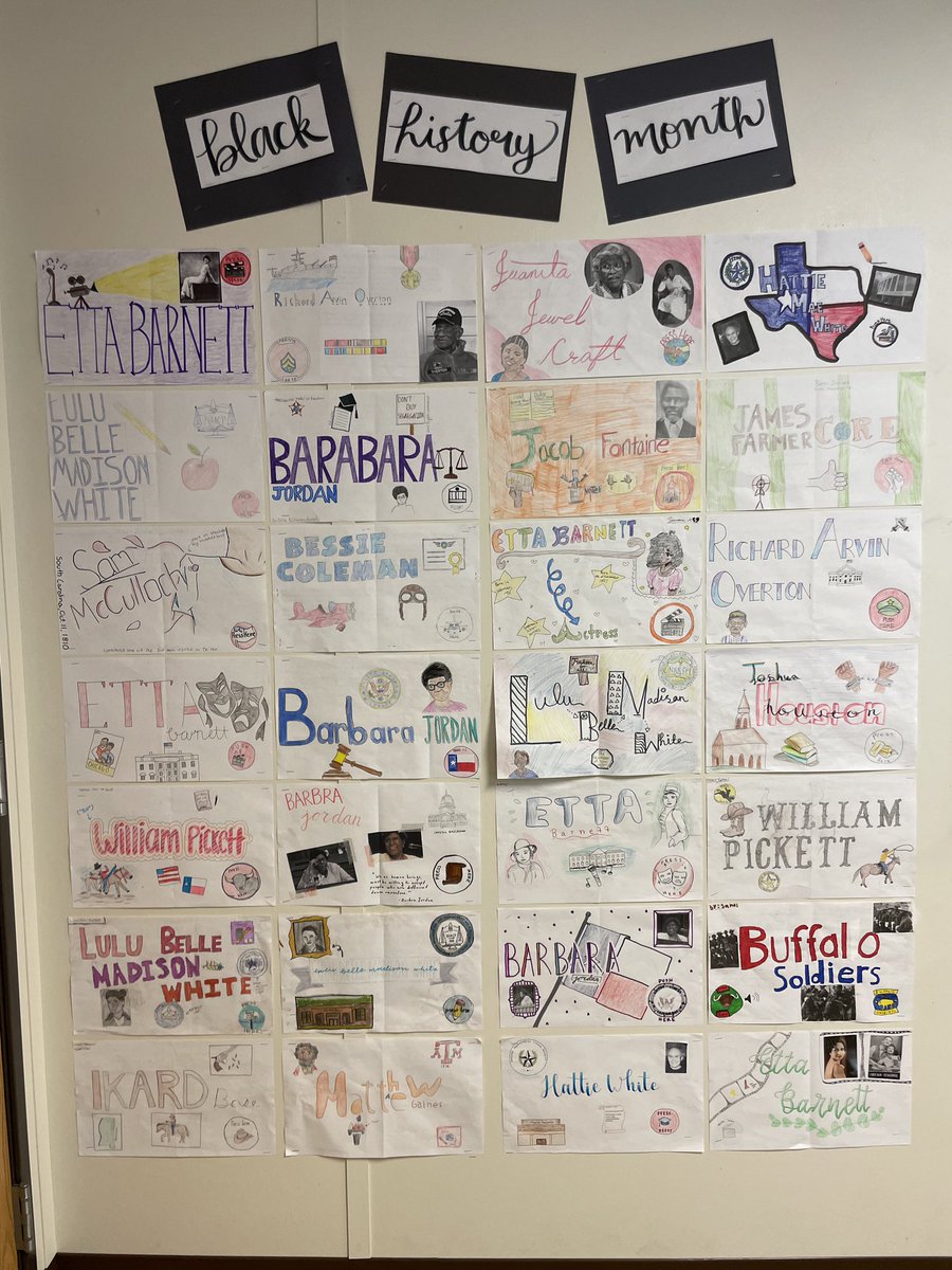 krsburk's tweet photo. Texas History classes incorporate note-worthy black Texans: Student research & showcase w live museum name plates makes for instant bulletin board โค๏ธ#teamwork #ownershipoflearning @meglowrance @AllisonLTravis @spartan_speak https://t.co/Kl3Z1i0zpe