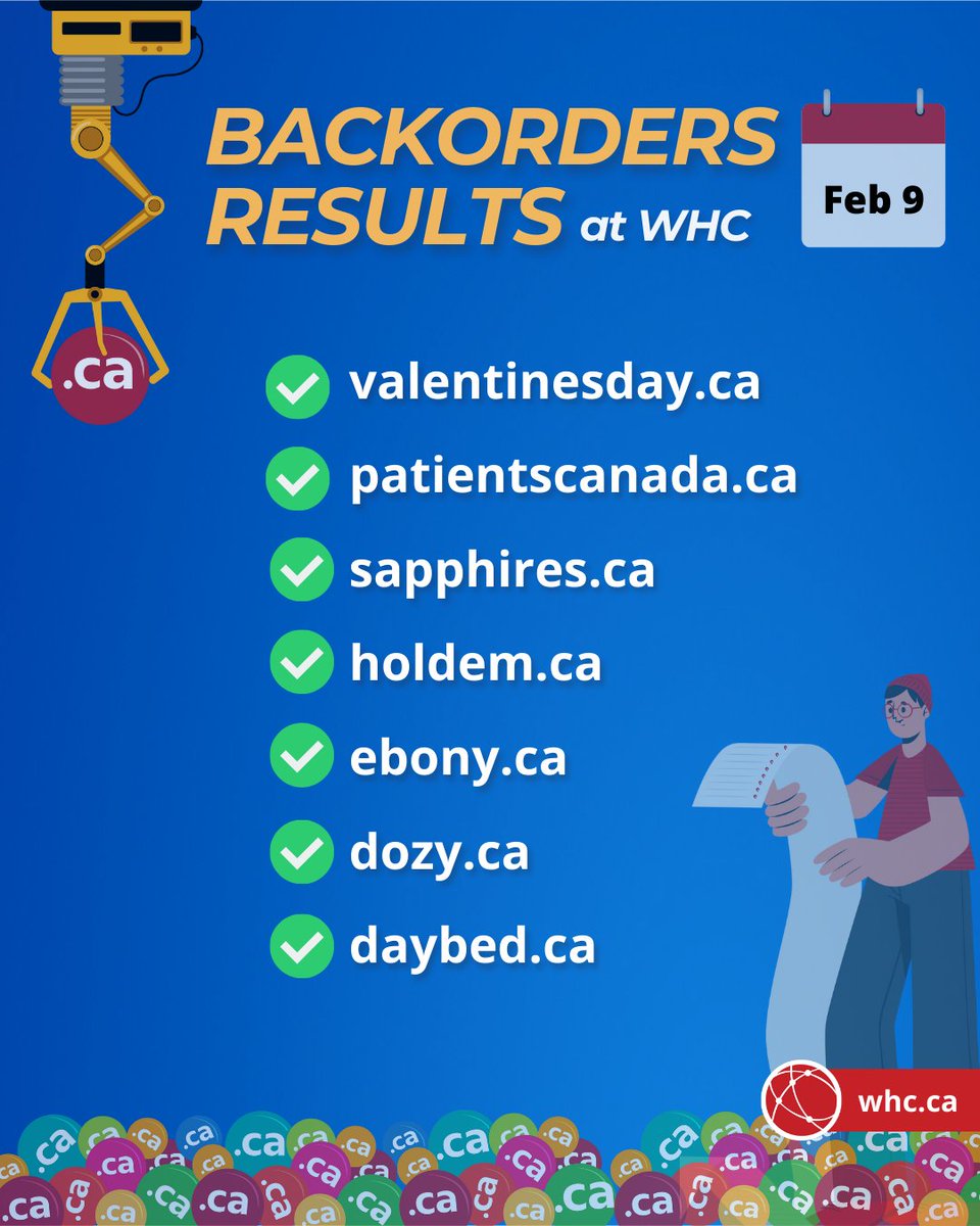 📢 These are just a few of the 110 #domainnames WHC secured yesterday! Next week's list (not finalized) is here: bit.ly/3IYteJF 

FUN FACT: WHC secured 87% of #domains backordered via its platform! 😃 

Congrats to all the 'securers'! 🤙🏼 #backorder #domaining #investing