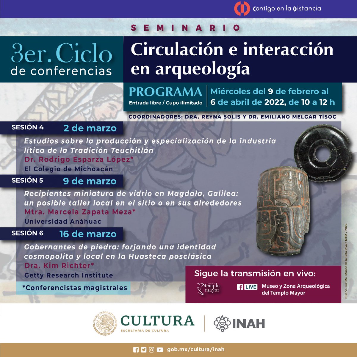 INAHmx's tweet photo. Únete al seminario "Circulación e interacción en arqueología" con la participación de académicos de diferentes instituciones de México y el extranjero. 
Todos los miércoles a las 10 h, hasta el 6 de abril.
#FacebookLive: https://t.co/TSyWKQuzko
Te compartimos el programa ⬇️ https://t.co/z7KMDnFSKv