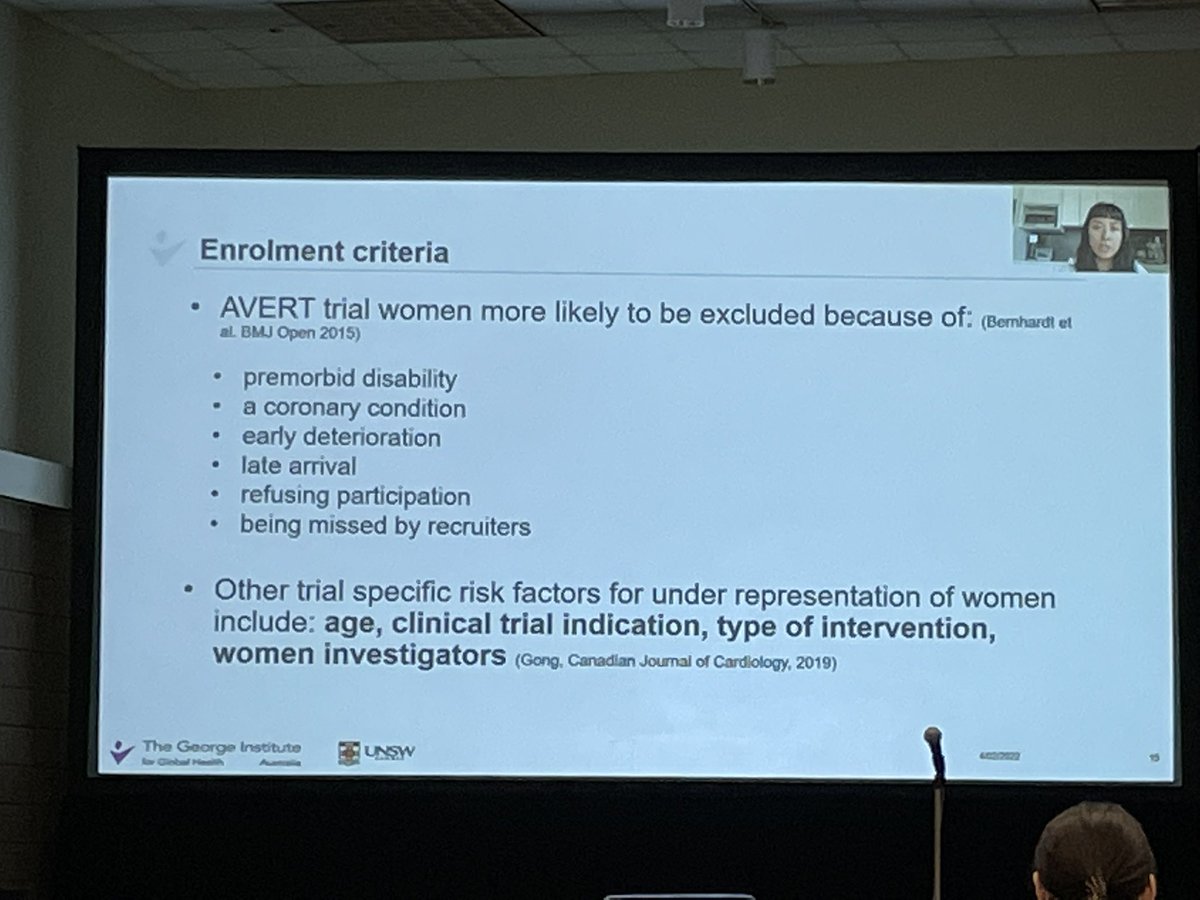 #ISC22 Under-Represented Samples in #Stroke #Trials: Yet another wonderful talk by @cheryl_carcel on #sex #differences in stroke – highlighting some of the reasons why more women may be excluded from stroke trials @AVERTtrial @SunilAShethMD @AHAScience @AHAMeetings