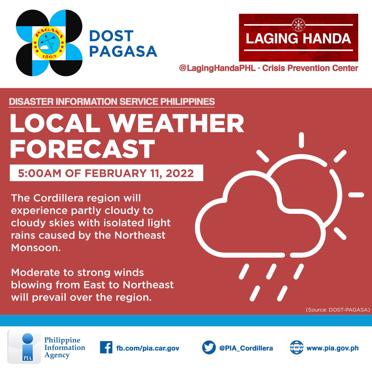 PIA_Cordillera's tweet photo. The Cordillera region will experience partly cloudy to cloudy skies with isolated light rains caused by the Northeast Monsoon.

Moderate to strong winds blowing from East to Northeast will prevail over the region.

#weather | #LagingHanda https://t.co/YxqxsTSgop